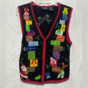 VTG 90s Colorful Christmas Sweater Vest Patchwork Beaded Santa Gifts Reindeer PM